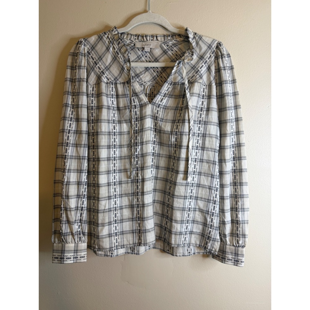 LOFT Womens Plaid Western Blouse Long Sleeve Peasant Ruffle Neck Black Cream XS
